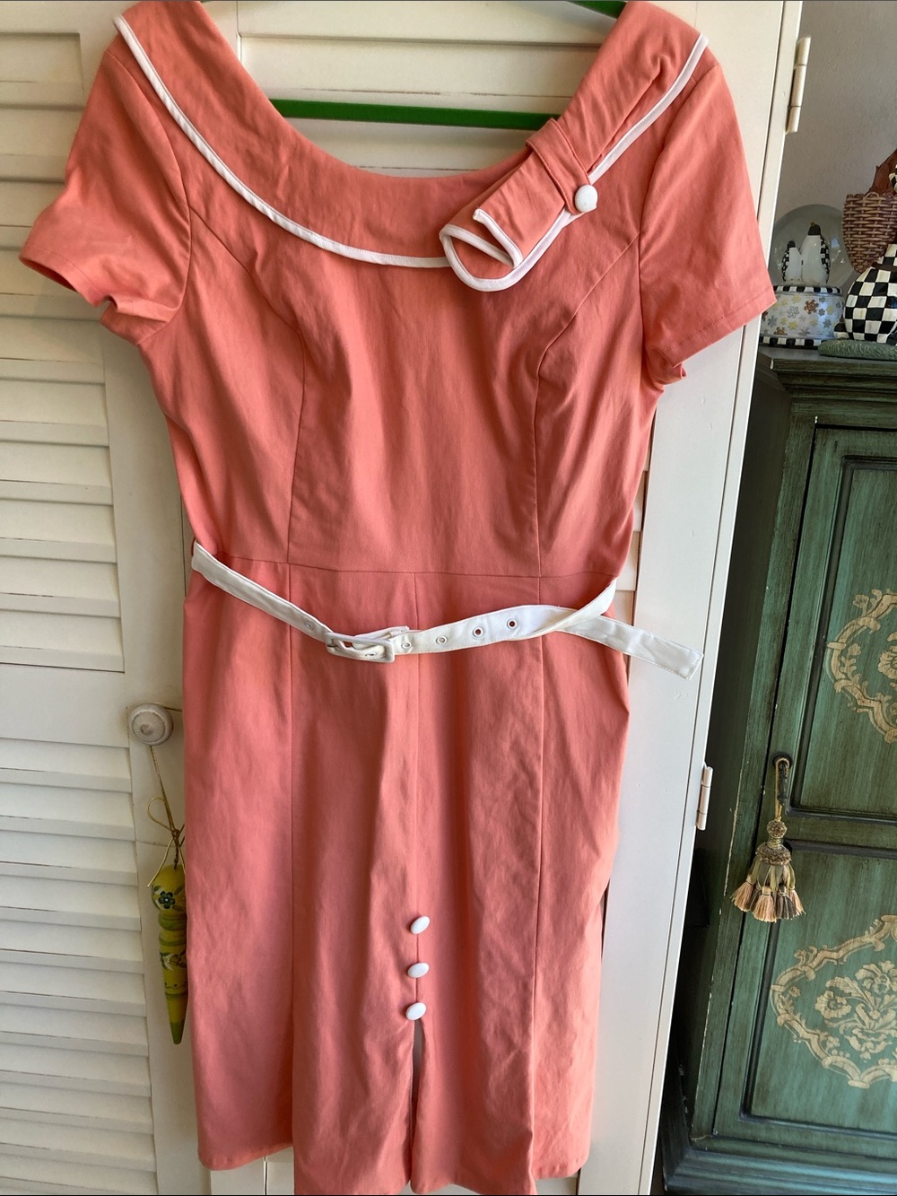 Vintage-Inspired Coral Dress with White Trim by Voodoo Vixen